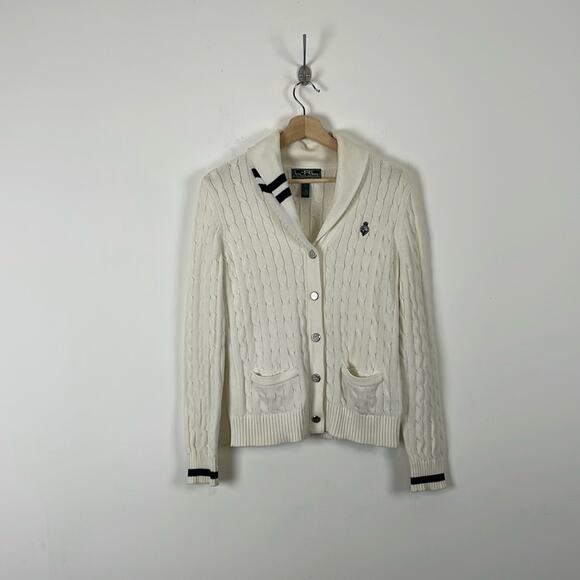 LRL Ralph Lauren Active Cardigan Men M Cable Knit Shawl Collar Old Money Sweater - Picture 1 of 10